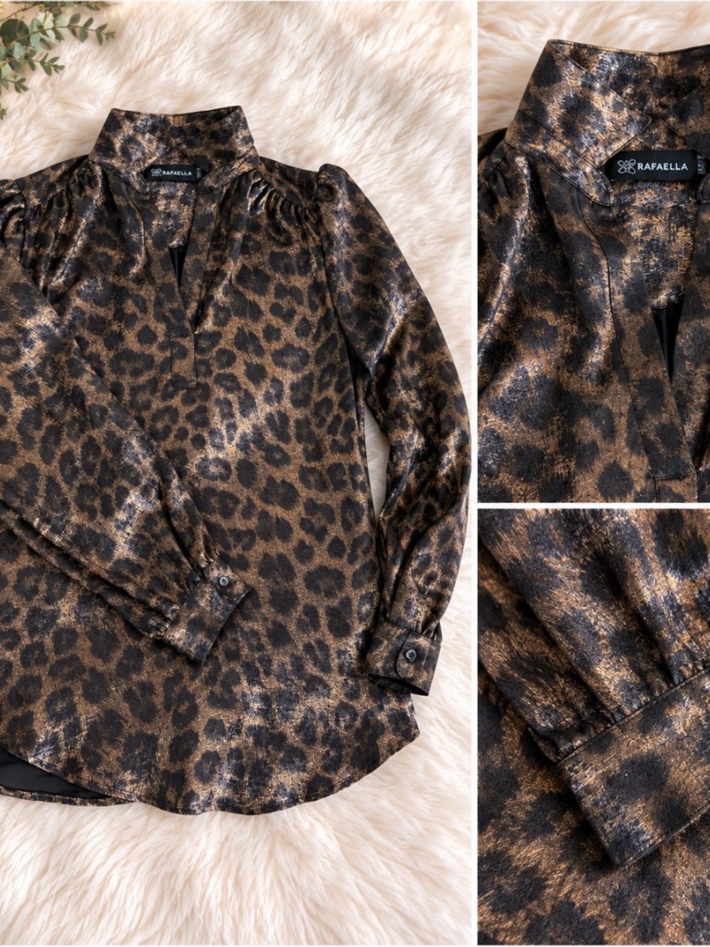 Rafaella Girls' Leopard Print V-Neck Blouse - Brown & Black